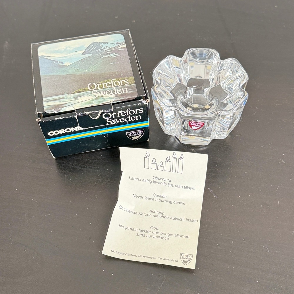 Orrefors Sweden Corona Crystal Tulip Flower Candle Holder Lars Hellsten Clear